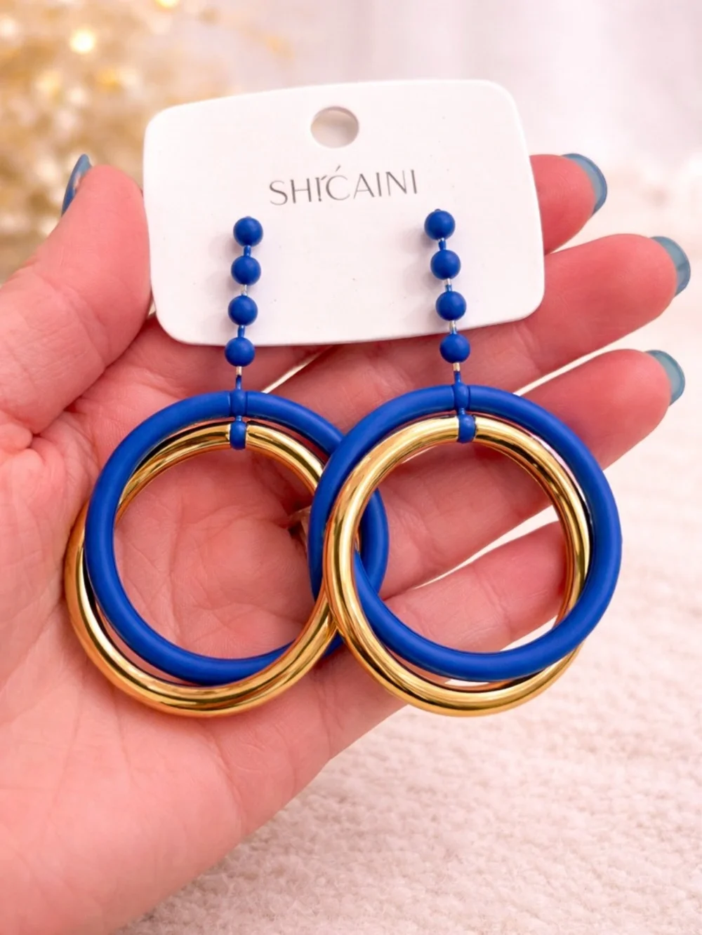 Blue and Gold Double Hoop Earrings great quality - Picture 2 of 2